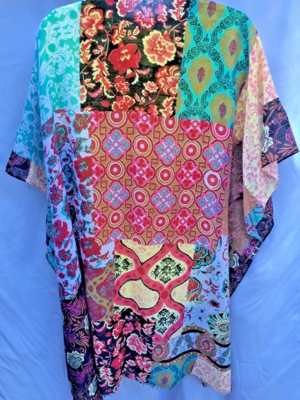 Unbranded Boho Patchwork Kimono Scarf Wrap Ruana Burgundy Teal One Size